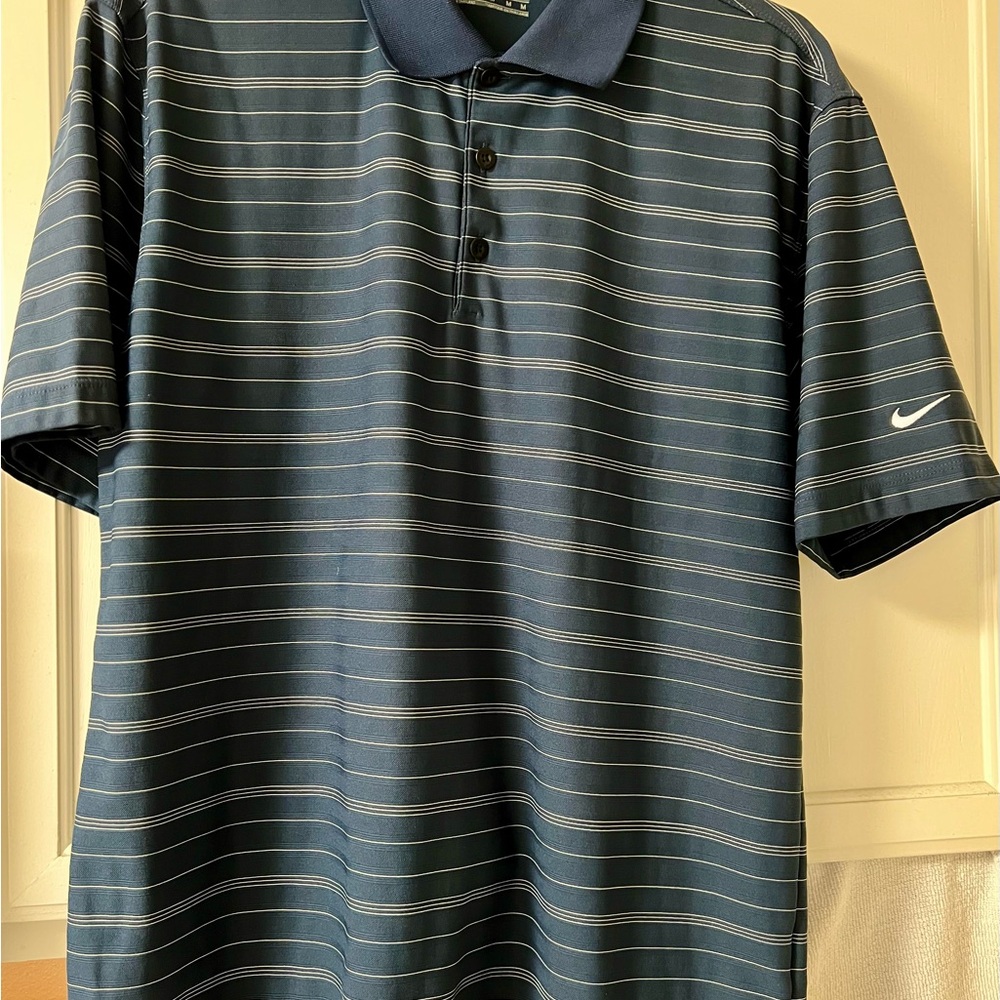 Nike Men's Navy and Gray Striped Polo Shirt